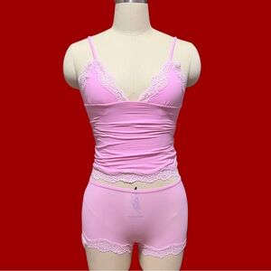 SKIMS Fits Everybody Lace Cami and Boyshort Set in Bubblegum Tonal
